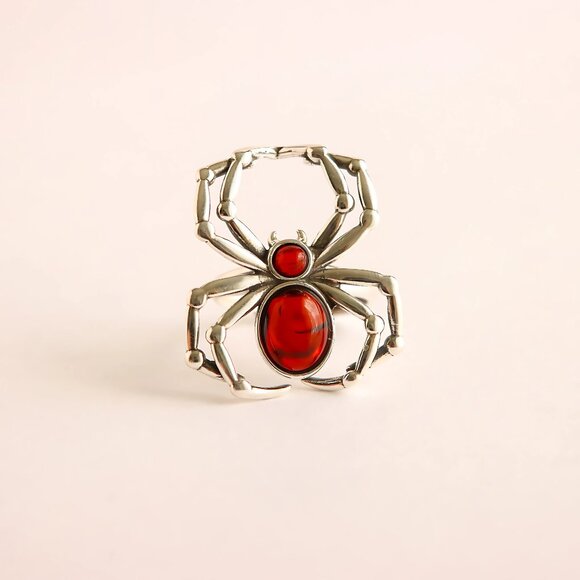 Baltic Amber Cherry Spider Ring in 925 Sterling Silver- Adjustable Size - Picture 2 of 6